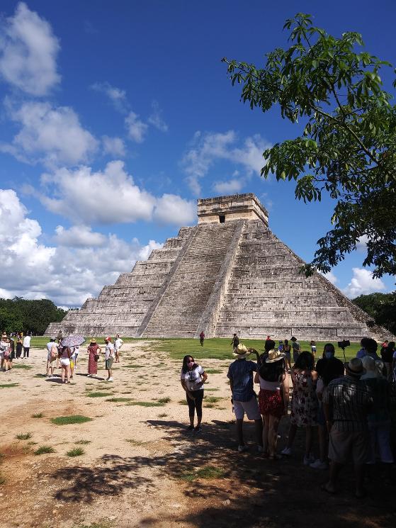 Tourists viewing the pyramids at Chichen Itza October 2020