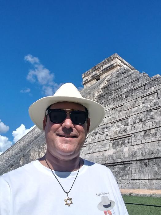 Travel Writer Sapio Treksual at the main pyramid in Chichen Itza, Mexico October 2020